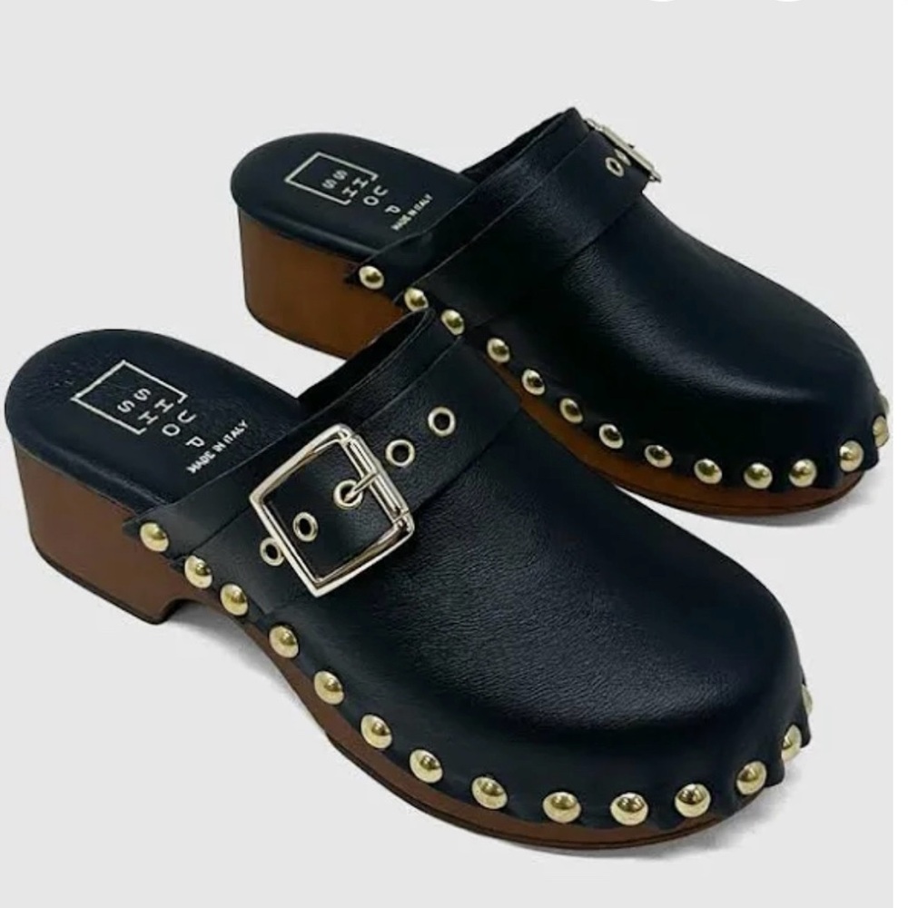 ShuShop Black Leather Clogs with Gold Accents